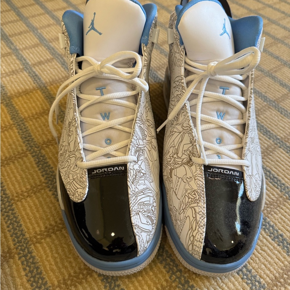 Air Jordan Dub Zero, Black & Light Blue Patterned Basketball Sneakers